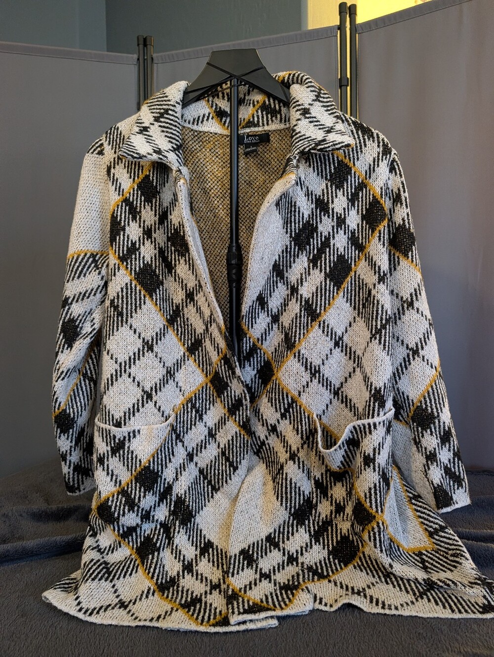 Love Ever After Women's Black & Cream Plaid Open Cardigan with Mustard Accents L